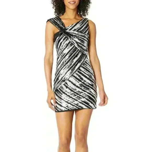 NEW Parker Kensington Sequin Striped Asymmetric Mini Black Silver Dress Size 8 - Picture 1 of 8